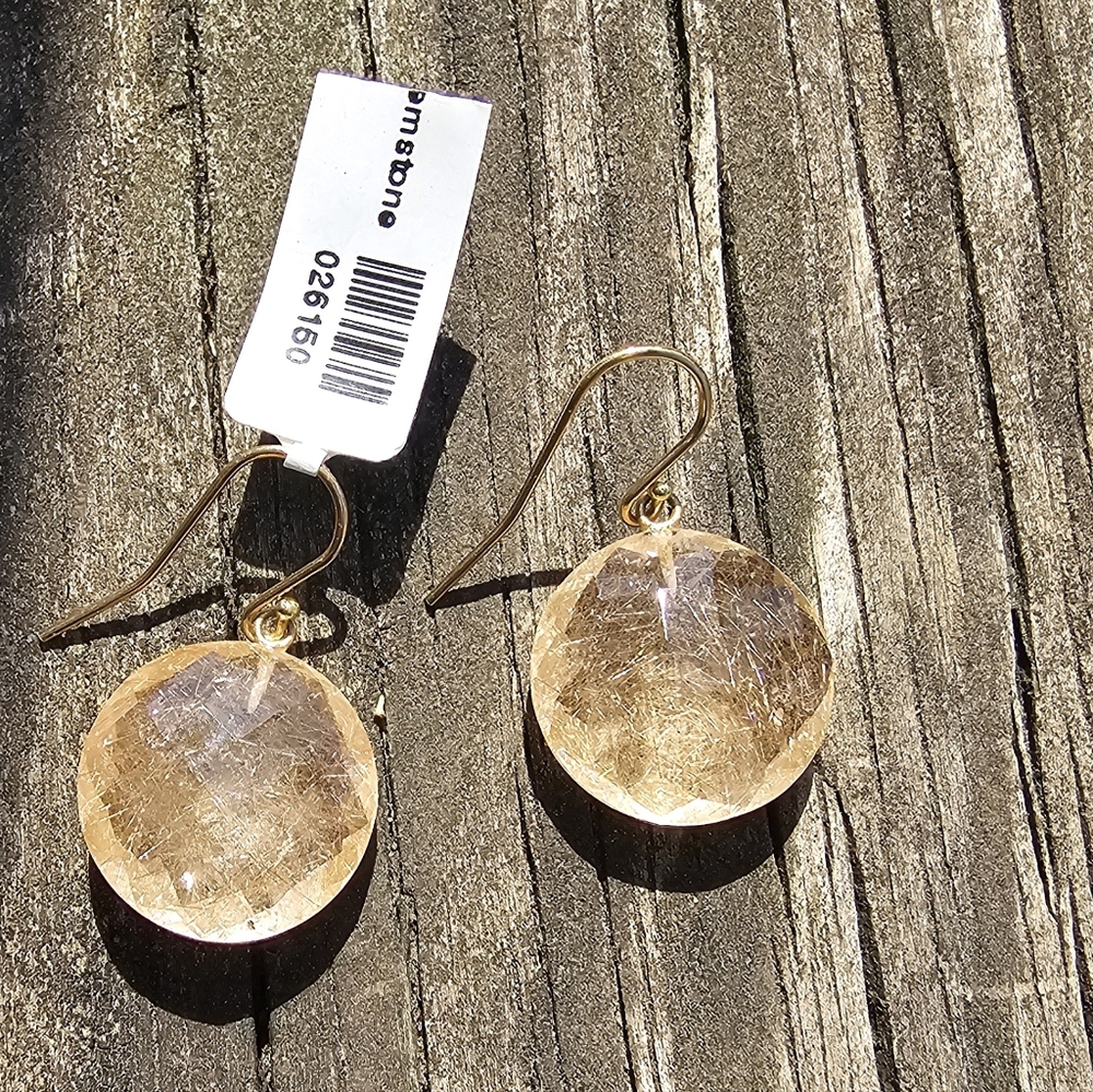 Elegant Rutilated Quartz And Solid 18k Yellow Gold Drop Earrings - Picture 9 of 12
